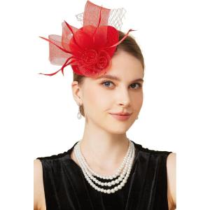 imageBABEYOND Fascinators Hats for Women  Mini Top Tea Party Hat Veil Feather Kentucky Fascinator Flower Mesh Hat Hair ClipRed