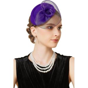 imageBABEYOND Fascinators Hats for Women  Tea Party Hat Kentucky Fascinator Derby Flower Mesh Pillbox Hat for Bridal WeddingDark Purple