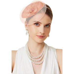 imageBABEYOND Fascinators Hats for Women  Tea Party Hat Kentucky Fascinator Derby Flower Mesh Pillbox Hat for Bridal WeddingPeach Fuzz