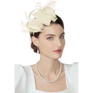 imageBABEYOND Fascinators Hats for Women  Tea Party Hats Fascinators Kentucky Headband Feather Derby Hat for Bridal WeddingBeige