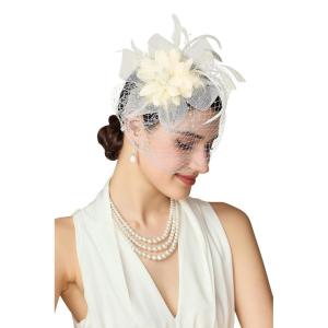 imageBABEYOND Fascinators Hats for Women  Tea Party Kentucky Fascinator Derby Hat Feathers Flower Mesh Knot Veil Headband Light BlueBeige