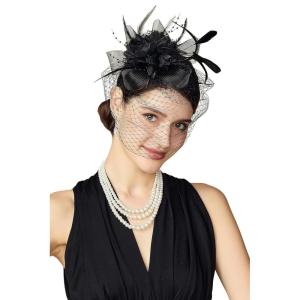 imageBABEYOND Fascinators Hats for Women  Tea Party Kentucky Fascinator Derby Hat Feathers Flower Mesh Knot Veil Headband Light BlueBlack