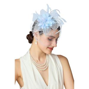 imageBABEYOND Fascinators Hats for Women  Tea Party Kentucky Fascinator Derby Hat Feathers Flower Mesh Knot Veil Headband Light BlueLight Blue