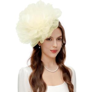 imageBABEYOND Fascinators Hats for Women  Tea Party Kentucky Fascinator Derby Hat Mesh Flower Fluffy Headband with Hair ClipBeige