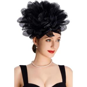 imageBABEYOND Fascinators Hats for Women  Tea Party Kentucky Fascinator Derby Hat Mesh Flower Fluffy Headband with Hair ClipBlack