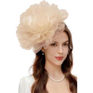 imageBABEYOND Fascinators Hats for Women  Tea Party Kentucky Fascinator Derby Hat Mesh Flower Fluffy Headband with Hair ClipChampagne