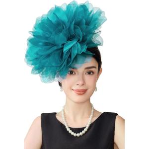 imageBABEYOND Fascinators Hats for Women  Tea Party Kentucky Fascinator Derby Hat Mesh Flower Fluffy Headband with Hair ClipLake Blue