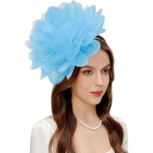 imageBABEYOND Fascinators Hats for Women  Tea Party Kentucky Fascinator Derby Hat Mesh Flower Fluffy Headband with Hair ClipLight Blue