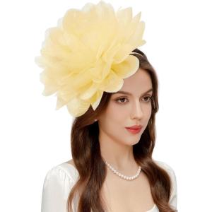 imageBABEYOND Fascinators Hats for Women  Tea Party Kentucky Fascinator Derby Hat Mesh Flower Fluffy Headband with Hair ClipLight Yellow