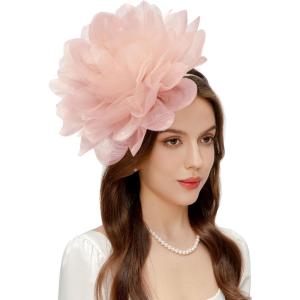 imageBABEYOND Fascinators Hats for Women  Tea Party Kentucky Fascinator Derby Hat Mesh Flower Fluffy Headband with Hair ClipPink