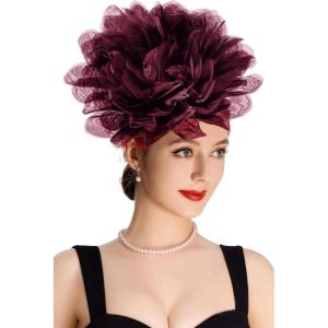 imageBABEYOND Fascinators Hats for Women  Tea Party Kentucky Fascinator Derby Hat Mesh Flower Fluffy Headband with Hair ClipWine Red