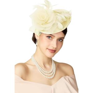 imageBABEYOND Fascinators Hats for Women  Tea Party Kentucky Fascinator Derby Pillbox Hat Mesh Feathers Headband with Hair ClipBeige