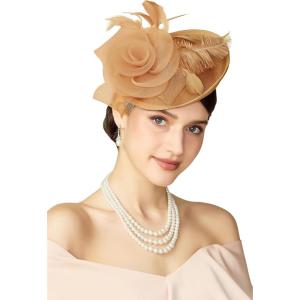 imageBABEYOND Fascinators Hats for Women  Tea Party Kentucky Fascinator Derby Pillbox Hat Mesh Feathers Headband with Hair ClipChampagne Gold