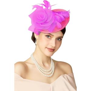 imageBABEYOND Fascinators Hats for Women  Tea Party Kentucky Fascinator Derby Pillbox Hat Mesh Feathers Headband with Hair ClipHot Pink