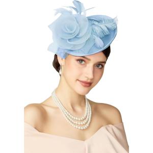 imageBABEYOND Fascinators Hats for Women  Tea Party Kentucky Fascinator Derby Pillbox Hat Mesh Feathers Headband with Hair ClipLight Blue