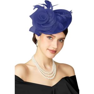 imageBABEYOND Fascinators Hats for Women  Tea Party Kentucky Fascinator Derby Pillbox Hat Mesh Feathers Headband with Hair ClipNavy Blue