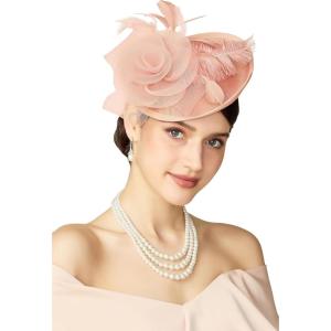 imageBABEYOND Fascinators Hats for Women  Tea Party Kentucky Fascinator Derby Pillbox Hat Mesh Feathers Headband with Hair ClipPeach Fuzz
