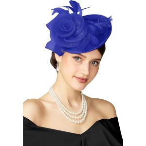 imageBABEYOND Fascinators Hats for Women  Tea Party Kentucky Fascinator Derby Pillbox Hat Mesh Feathers Headband with Hair ClipRoyal Blue