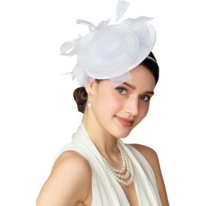 imageBABEYOND Fascinators Hats for Women  Tea Party Kentucky Fascinator Derby Pillbox Hat Mesh Feathers Headband with Hair ClipWhite