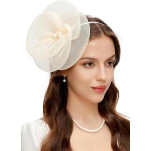 imageBABEYOND Fascinators Hats for Women  Tea Party Kentucky Hat Derby Headband Elegant Wedding Party Bride Hat with Hair ClipBeige