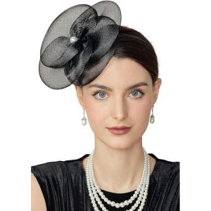 imageBABEYOND Fascinators Hats for Women  Tea Party Kentucky Hat Derby Headband Elegant Wedding Party Bride Hat with Hair ClipBlack