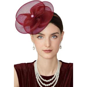 imageBABEYOND Fascinators Hats for Women  Tea Party Kentucky Hat Derby Headband Elegant Wedding Party Bride Hat with Hair ClipBurgundy