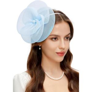 imageBABEYOND Fascinators Hats for Women  Tea Party Kentucky Hat Derby Headband Elegant Wedding Party Bride Hat with Hair ClipLight Blue