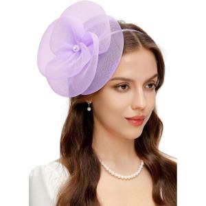 imageBABEYOND Fascinators Hats for Women  Tea Party Kentucky Hat Derby Headband Elegant Wedding Party Bride Hat with Hair ClipLight Purple