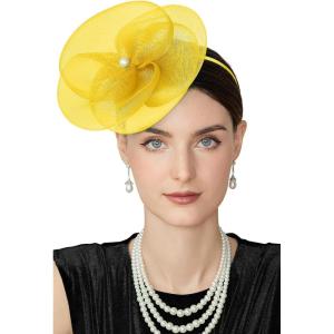 imageBABEYOND Fascinators Hats for Women  Tea Party Kentucky Hat Derby Headband Elegant Wedding Party Bride Hat with Hair ClipLight Yellow