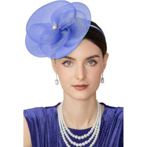 imageBABEYOND Fascinators Hats for Women  Tea Party Kentucky Hat Derby Headband Elegant Wedding Party Bride Hat with Hair ClipNavy Blue
