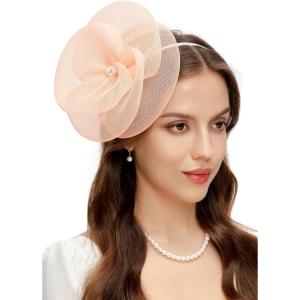 imageBABEYOND Fascinators Hats for Women  Tea Party Kentucky Hat Derby Headband Elegant Wedding Party Bride Hat with Hair ClipPeach Fuzz