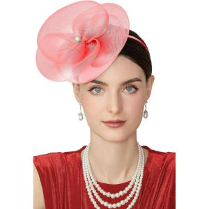 imageBABEYOND Fascinators Hats for Women  Tea Party Kentucky Hat Derby Headband Elegant Wedding Party Bride Hat with Hair ClipWatermelon Red