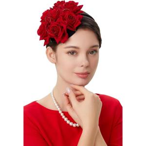 imageBABEYOND Floral Fascinators for Women Feather Fascinators Headband for Cocktail Tea PartyRed