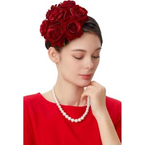 imageBABEYOND Floral Fascinators for Women Feather Fascinators Headband for Cocktail Tea PartyWine Red