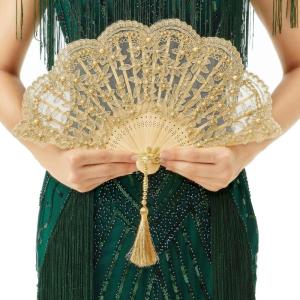 imageBABEYOND Lace Hand Fan NonFoldable Vintage Bridal Handheld Fans with Plastic Beads and Embroidered for Wedding Decoration Dancing PartyCgold