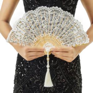 imageBABEYOND Lace Hand Fan NonFoldable Vintage Bridal Handheld Fans with Plastic Beads and Embroidered for Wedding Decoration Dancing PartyEwhite
