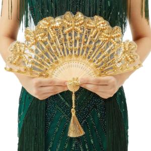 imageBABEYOND Lace Hand Fan NonFoldable Vintage Bridal Handheld Fans with Plastic Beads and Embroidered for Wedding Decoration Dancing PartyGold