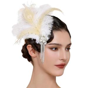 imageBABEYOND Peacock Fascinator with Rhinestones  Roaring 20s Flapper Fascinator for 1920s Hair AccessoriesBeige