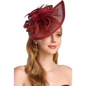 imageBABEYOND Tea Party Fascinator Hat for Women Kentucky Headwear Derby Pillbox Church Hat for Cocktail WeddingWine Red