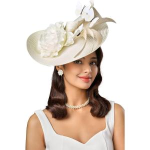 imageBABEYOND Tea Party Fascinator Hat for Women Kentucky Headwear Derby Wide Brim Butterfly Church Hat for Cocktail WeddingBeige