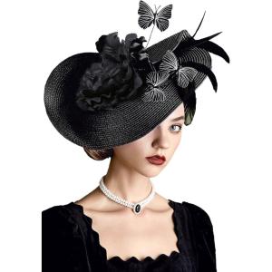 imageBABEYOND Tea Party Fascinator Hat for Women Kentucky Headwear Derby Wide Brim Butterfly Church Hat for Cocktail WeddingBlack