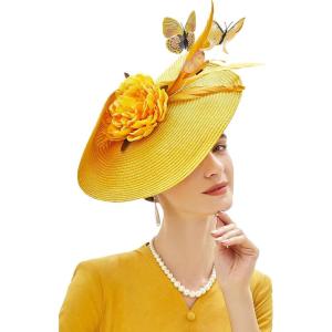 imageBABEYOND Tea Party Fascinator Hat for Women Kentucky Headwear Derby Wide Brim Butterfly Church Hat for Cocktail WeddingYellow