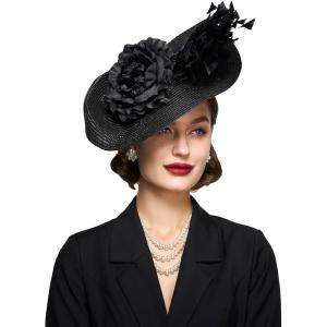 imageBABEYOND Tea Party Fascinator Hat for Women Kentucky Headwear Feather Derby Pillbox Wide Church Hat for Cocktail WeddingBlack