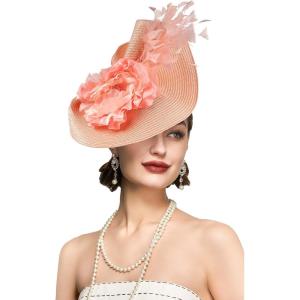 imageBABEYOND Tea Party Fascinator Hat for Women Kentucky Headwear Feather Derby Pillbox Wide Church Hat for Cocktail WeddingChampagne Pink