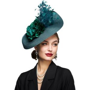 imageBABEYOND Tea Party Fascinator Hat for Women Kentucky Headwear Feather Derby Pillbox Wide Church Hat for Cocktail WeddingDark Green