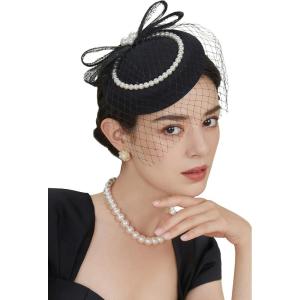 imageBABEYOND Veil Fascinator Hat for Women  Tea Party ampamp Kentucky Derby  Pillbox Hat with Feather ampamp PearlBlack