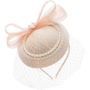 imageBABEYOND Veil Fascinator Hat for Women  Tea Party ampamp Kentucky Derby  Pillbox Hat with Feather ampamp PearlPeach Fuzz