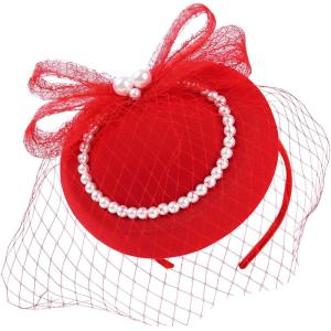imageBABEYOND Veil Fascinator Hat for Women  Tea Party ampamp Kentucky Derby  Pillbox Hat with Feather ampamp PearlRed