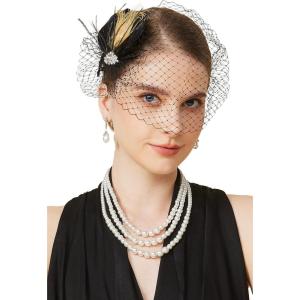 imageBABEYOND Veil Fascinator Hat for Women Feather Fascinators Hair Clip with Removable Veil Tea Party Hat Bridal WeddingBlack Gold