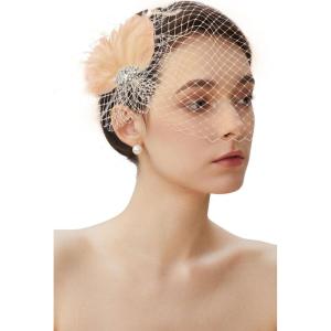 imageBABEYOND Veil Fascinator Hat for Women Feather Fascinators Hair Clip with Removable Veil Tea Party Hat Bridal WeddingChampagne